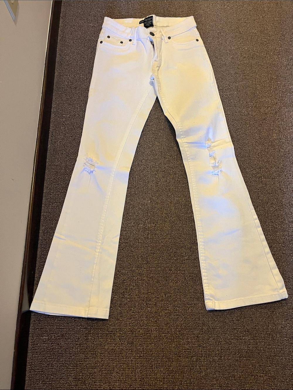 Women’s White Flare Jeans with Distressed Knees-LowRise